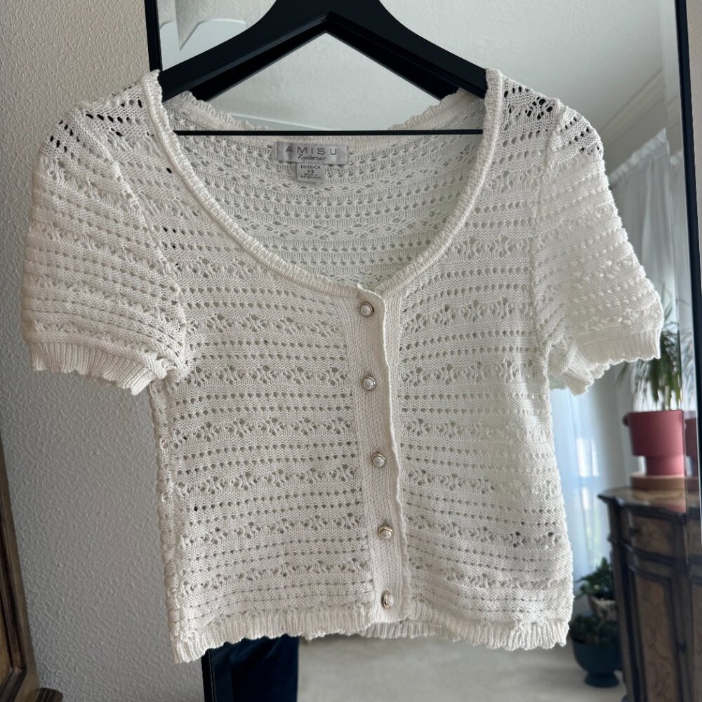 Vintage Cotton Pearl Button Knit Crochet White Short Sleeve XS